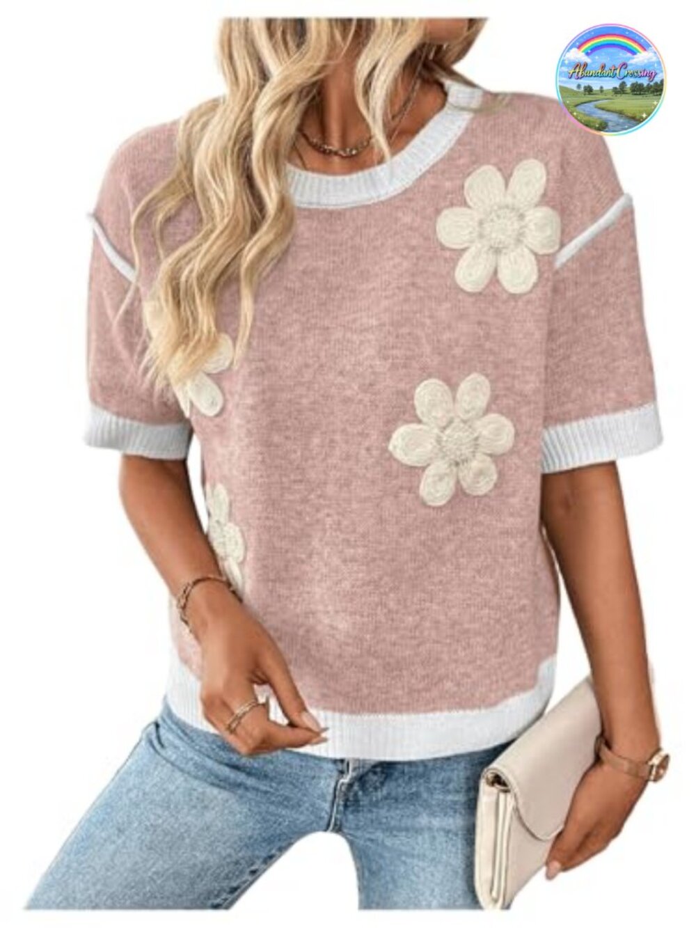Floerns Women's Short Sleeve Flower Crew Neck Loose Knitted Pullover